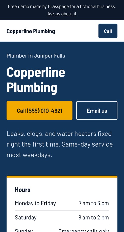 After: Copperline Plumbing demo with a large Call button, an Email us button, and opening hours